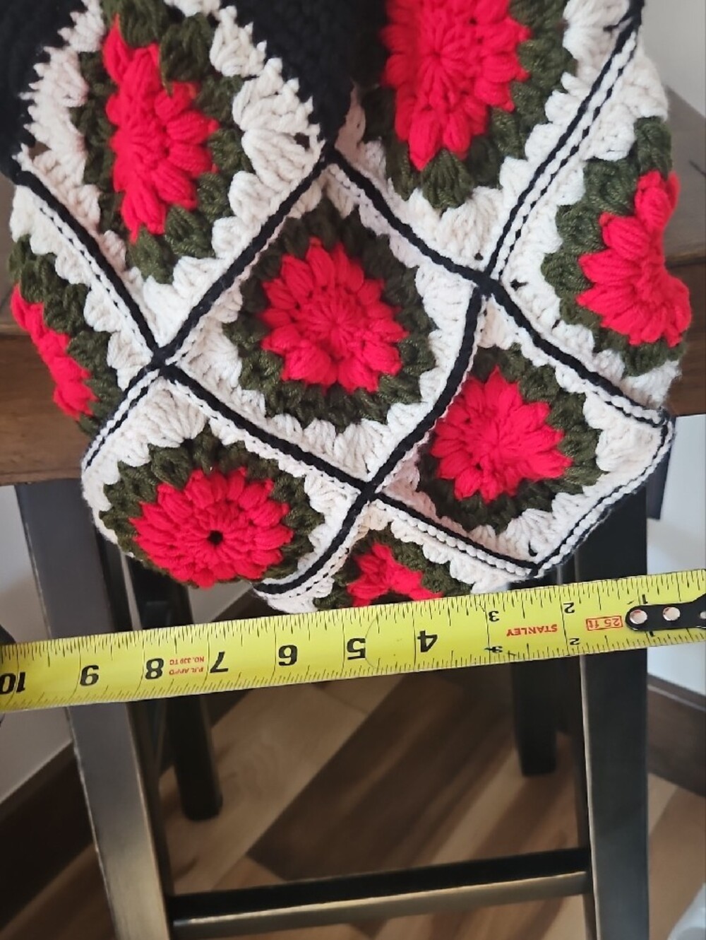 Handmade By Me Crochet Tote Bag in Black, White & Red Floral Squares - Picture 3 of 4
